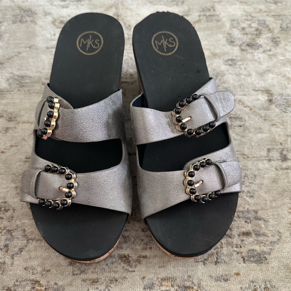 MKS Silver Wedge Sandals with Black Accents